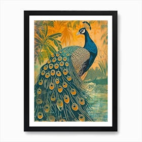 Blue Mustard Peacock With Tropical Trees Art Print