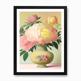 Vase Of Colourful Peonies Pink And Yellow Vintage Sketch Art Print