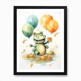 Crocodile Flying With Autumn Fall Pumpkins And Balloons Watercolour Nursery 3 Art Print