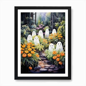 Cute Bedsheet Ghost, Botanical Halloween Watercolour 91 Art Print