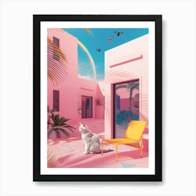 Pink House With A Cat Art Print