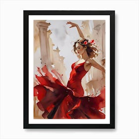 Crimson Whirl of Passion: A Flamenco Dancer Artwork Affiche