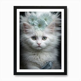 White Cat With Flowers 1 Art Print