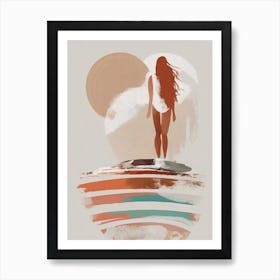 Long-Haired Woman Staring At The Waves - Abstract Minimal Boho Beach Art Print