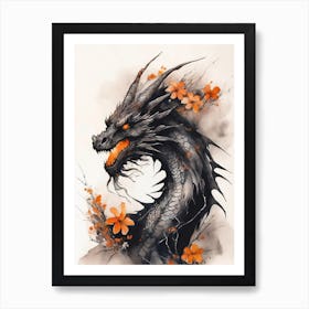 Japanese Dragon Abstract Flowers Painting (8) Art Print