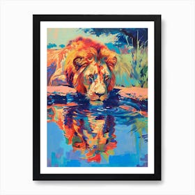 Masai Lion Drinking From A Watering Hole Fauvist Painting 3 Art Print