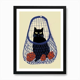Black Cat In A Blue Bag With Oranges Art Print
