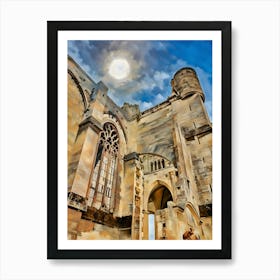 Stone Archway and Tower in Narbonne. The image captures a low-angle view of a weathered stone building with a prominent archway and a tower. The sun shines brightly in the blue sky, casting a warm glow on the aged stonework. The archway leads to a shadowy interior, while the tower stands tall against the clouds. Art Print