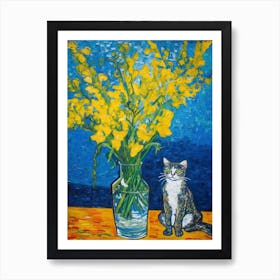 Still Life Of Freesia With A Cat 2 Art Print