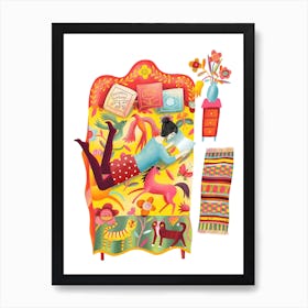 Girl Reading On Quilt Bed Art Print