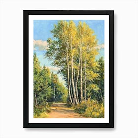 Oil Painting Poplar Landscape, Beautiful Solar Glare On The Woods Art Print