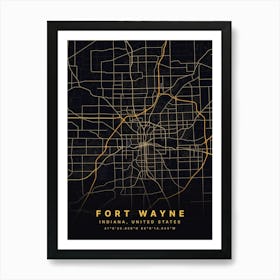 Fort Wayne Indiana USA Black And Gold Map Art Print