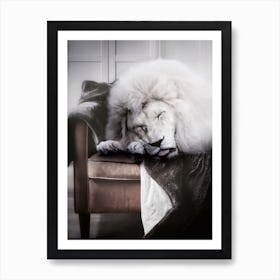 White Lion Sleeping On Sofa 1 Art Print