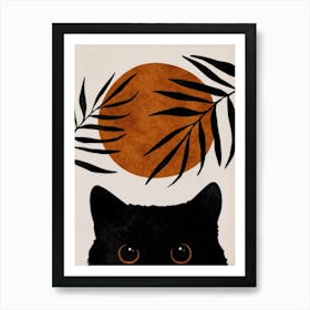 Black Cat With Leaves Art Print