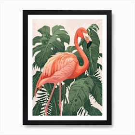 American Flamingo And Philodendrons Minimalist Illustration 1 Art Print