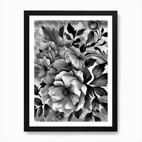 black and white flowers peony dark Art Print