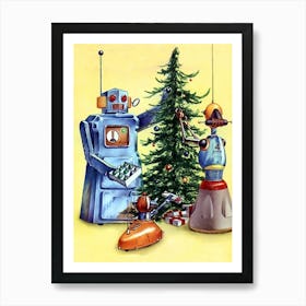 Robots Decorating Christmas Tree Art Print