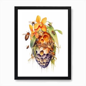 Beehive With Orchids Watercolour Illustration 2 Art Print