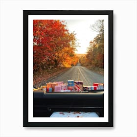 A Car Journey Through A Stunningly Beautiful Autumn Panorama Windows Gently Glowing With The Soft (1) Art Print