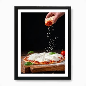 A Hand Stretching A Glistening Ball Of Pizza Dough Mid Action Flour Dusting In The Air From A Woode (7) Art Print