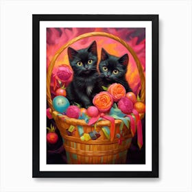 Black Kittens In A Basket Kitsch 4 Art Print