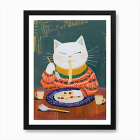 Cute White Cat Pasta Lover Folk Illustration 2 Art Print