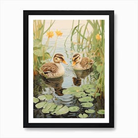 Ducklings With The Water Lilies Japanese Woodblock Style  2 Art Print