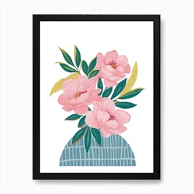 Peony Flowers In Blue Vase Art Print