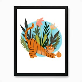 Cute Pouncing Tiger With Flowers Art Print