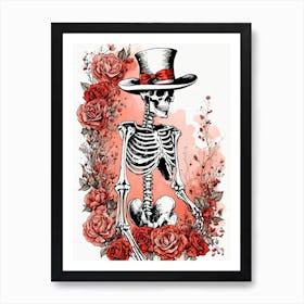 Floral Skeleton With Hat Ink Painting (29) Art Print