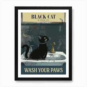 Black Cat Wash Your Paws Sink Poster Bathroom Art Print