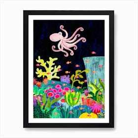 Octopus  And Coral Reef Art Print