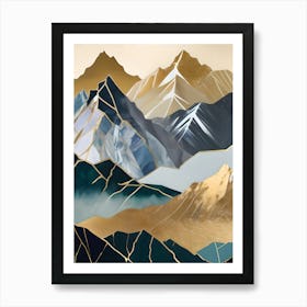 Celestial Peaks: Abstract Geometric Landscape with Metallic Accents Art Print