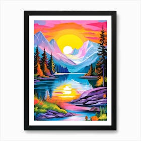 A beautiful and relaxing picture of nature, mountains, trees, a lake, where the water reflects sunlight, which adds beauty to the picture. Art Print