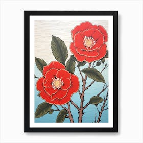 Higanatsu Red Camellia Vintage Botanical Woodblock Art Print