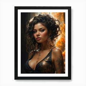 Beautiful, Sexy, and Sensual Big-Breasted Black Woman Wearing a Low-Cut Dress Illustration 11 Art Print