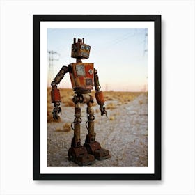 Rusty Toy Robot Standing Amidst A Sprawling Desolate Wasteland Eroded Structures Faintly Visible In Póster