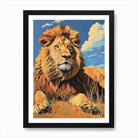 African Lion Relief Illustration Resting 3 Art Print