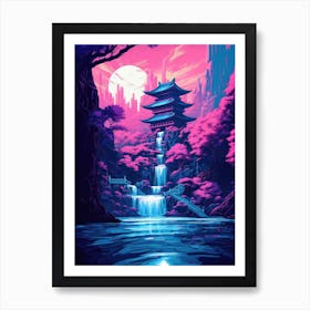 Neon Asian Pagoda Landscape Waterfall Painting Art Print