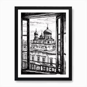 Window View Of Moscow Russia   Black And White Colouring Pages Line Art 4 Art Print