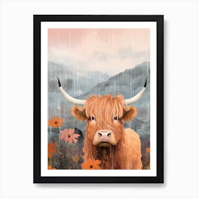 Cute Floral Illustration Of Highland Cow In The Rain Art Print