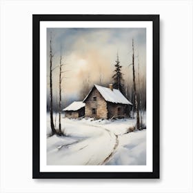 Rustic Winter Oil Painting Vintage Cottage (23) Art Print