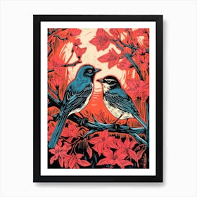 Birds And Branches Linocut Style 1 Art Print