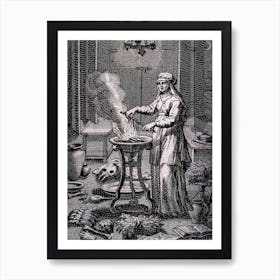Witch Casting Spells 1652 - Witchy Moon Art Print Engraving of Medieval Antique Witch Casting Spells, Using Potions, Cauldron, Magick - Pagan Fairytale Witchcraft Wall Decor Immaculate Remastered Cool Wiccan Dark Aesthetic Art Print