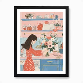 Girl With Flower Bouquet Lo Fi Kawaii Illustration 1 Art Print