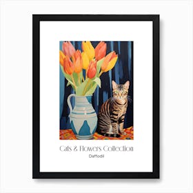 Cats & Flowers Collection Daffodil Flower Vase And A Cat, A Painting In The Style Of Matisse 3 Art Print