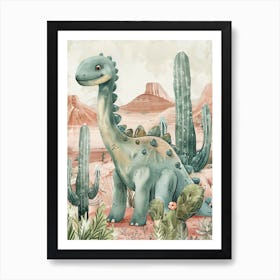 Dinosaur In The Desert With Cactus Storybook Watercolour 3 Art Print