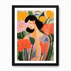 Woman With Autumnal Flowers Flamingo Flower Art Print