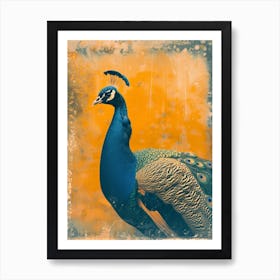Blue & Orange Vintage Peacock Portrait Art Print