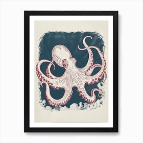 Red & Blue Octopus Retro Linocut Inspired 7 Art Print